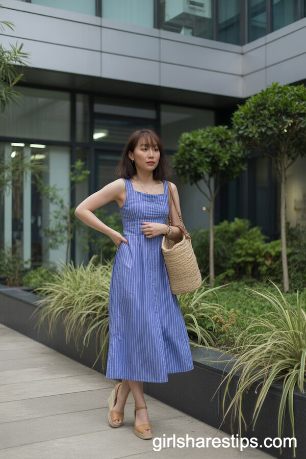 Blue And White Striped Dress with Espadrilles and Straw Bag