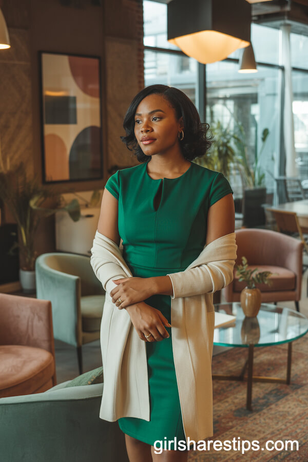 Fitted Cap Sleeve Green Dress Layered with Cream Cardigan