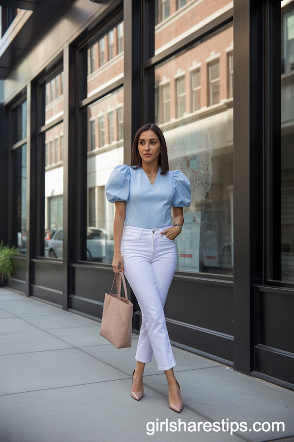 Blue Puff Sleeve Blouse with White Jeans and Nude Heels