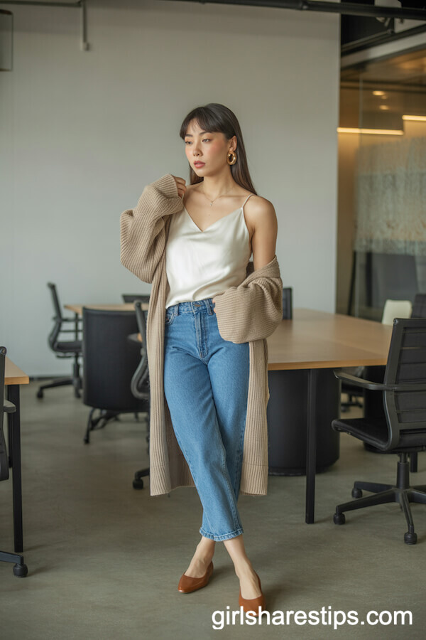 Silk Camisole, Beige Cardigan, Ankle-Length Jeans