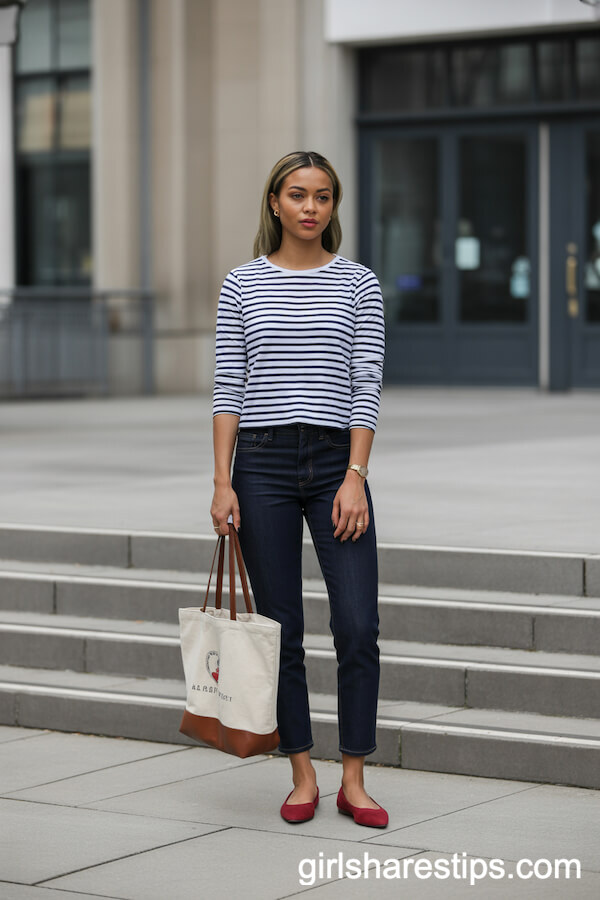 Navy Breton Top with Slim-Fit Jeans and Red Flats