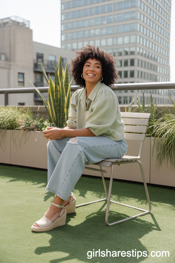 Linen Blouse with Distressed Jeans and Espadrille Wedges