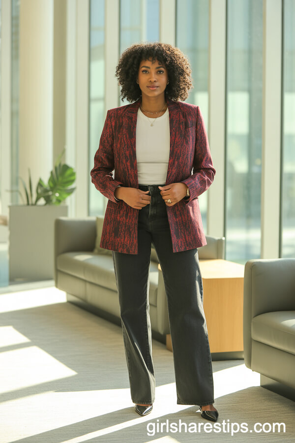 Patterned Blazer, White Tee, Dark Wash Jeans, Flats