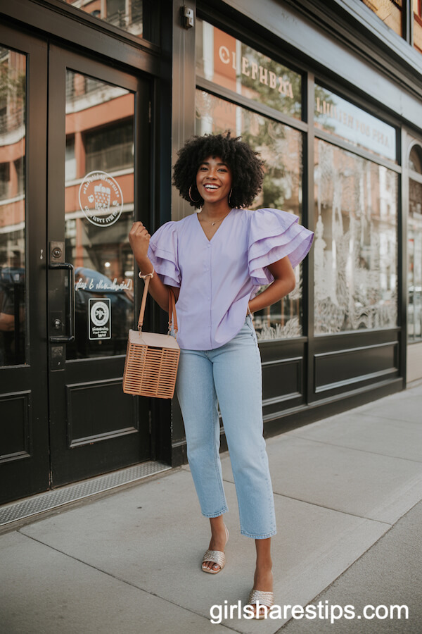 Lavender Ruffle-Sleeve Blouse and Cropped Jeans