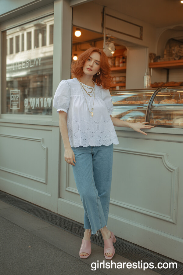 White Eyelet Top with Raw-Hem Jeans and Pink Mules