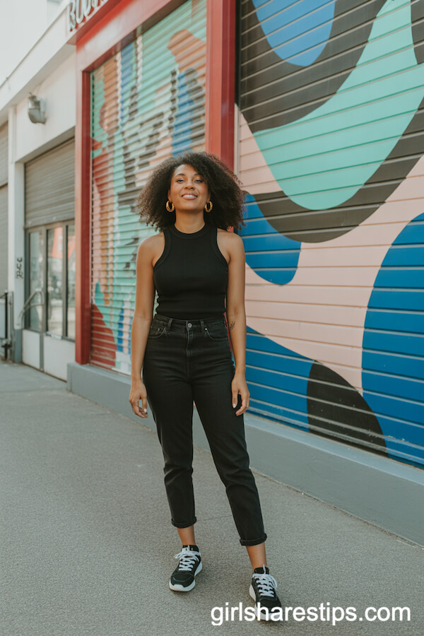 Black Sleeveless Top Black High-Rise Jeans with Sneakers
