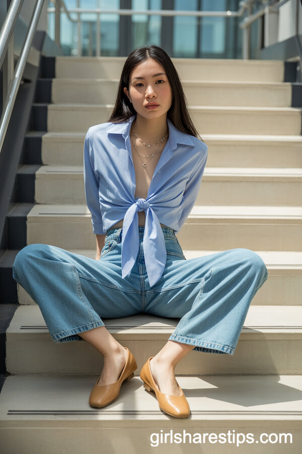 Light Blue Tie-Front Shirt and Relaxed-Fit Jeans with Ballet Flats