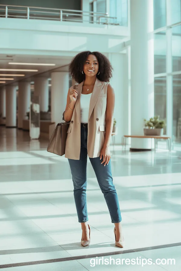 Sleeveless Beige Blazer over Skinny Jeans and Nude Pumps
