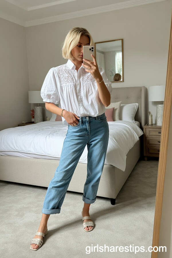 White Embroidered Blouse and Cuffed Jeans with Pale Sandals
