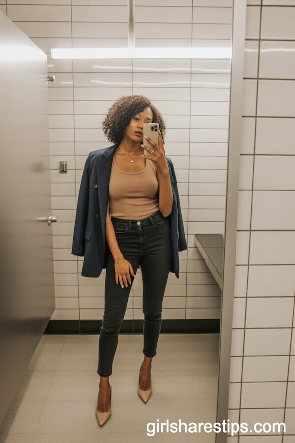 Camel Tank, Dark Skinny Jeans, Navy Blazer with Neutral Pumps