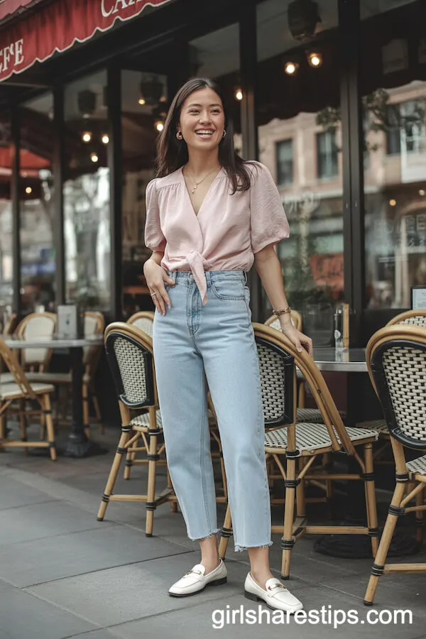 Pastel Pink Blouse with High-Waisted Jeans and White Loafers