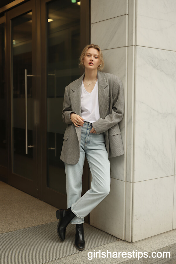 Oversized Gray Blazer with Light Wash Jeans and Ankle Boots