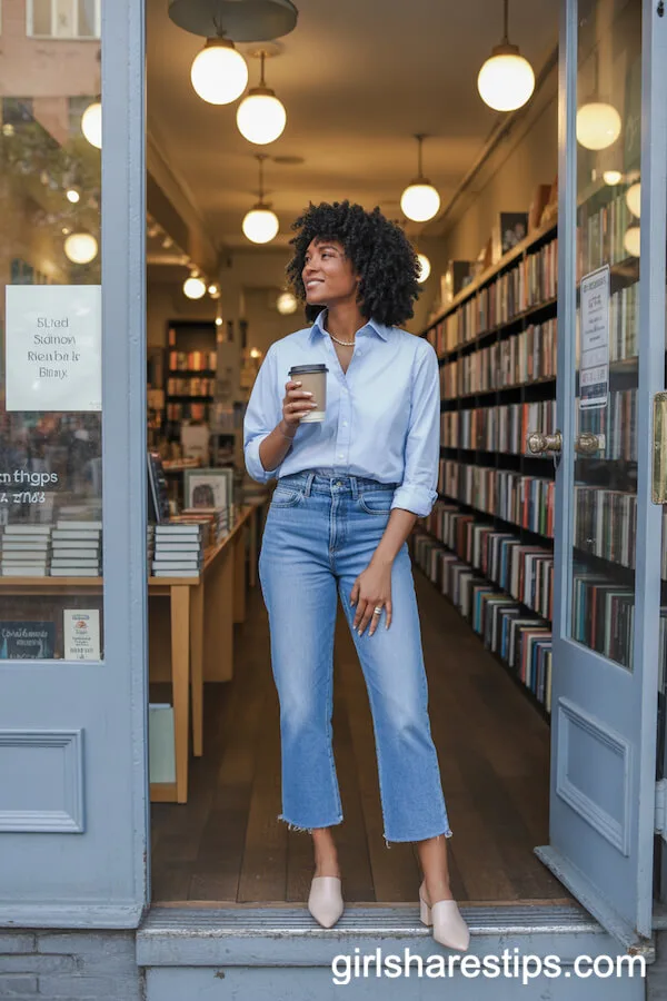 Classic Blue Button-Down with Cropped Jeans and Chic Mules