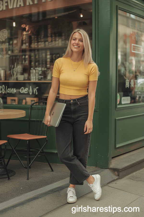 Bright Yellow Knit Top and Black High-Waisted Jeans with Sneakers