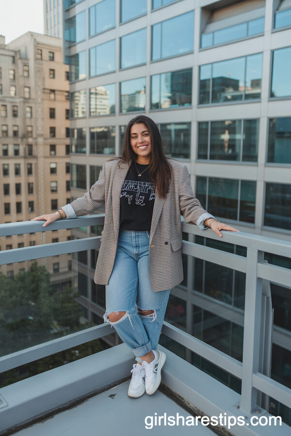 Graphic Tee, Checked Blazer, Ripped Jeans, White Sneakers