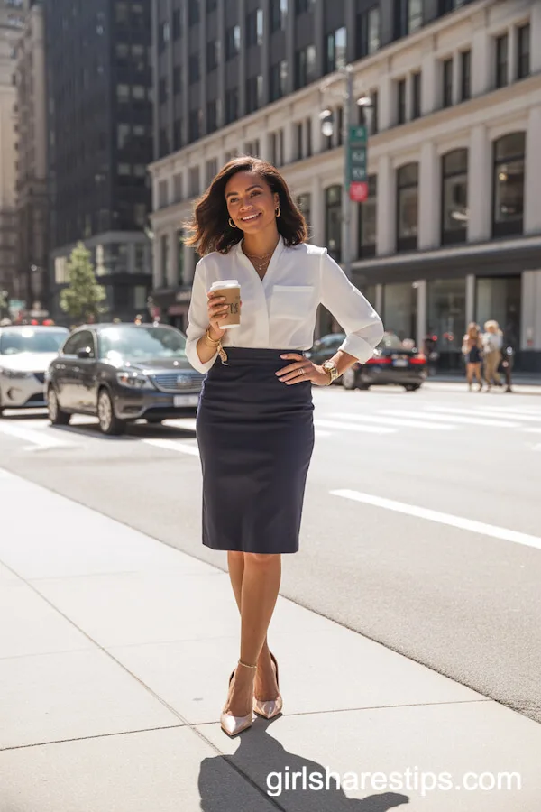 Classic White Blouse and Navy Pencil Skirt Elegance
