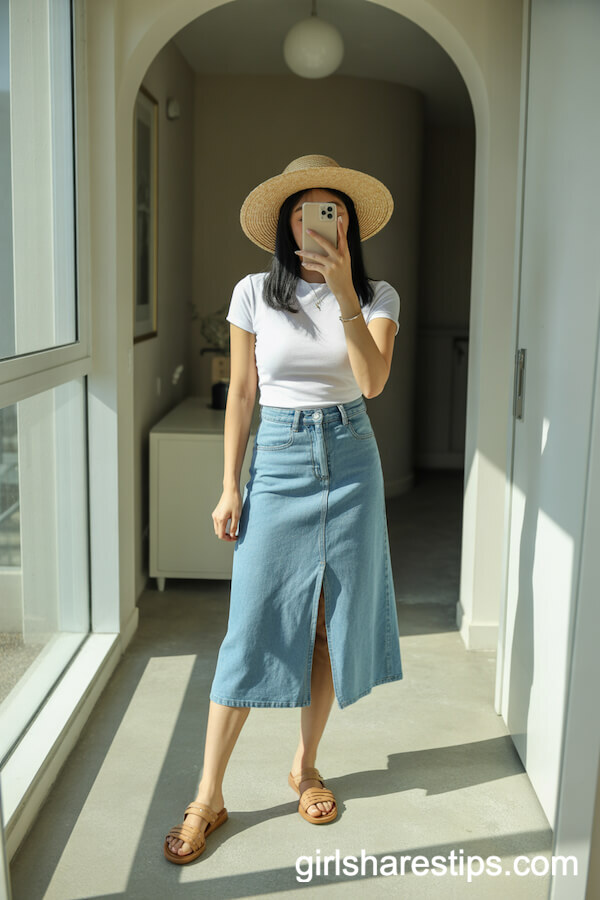 High-Waisted Denim Skirt and White Tee for Effortless Office Wear