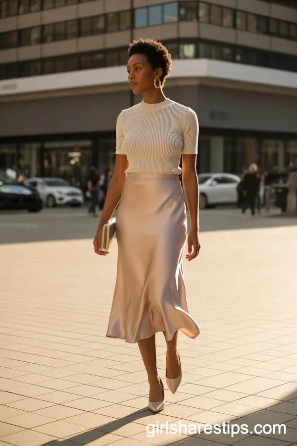 Champagne Silk Skirt with Cream Knit Top for City Sophistication