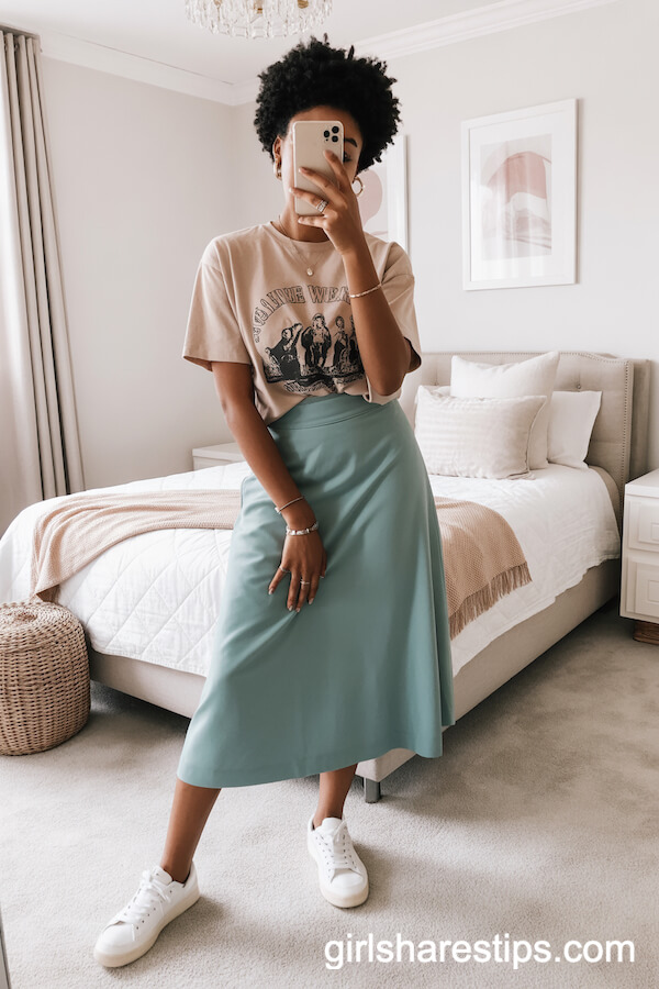 Teal Midi Skirt with Vintage Band Tee for Trendy Flair