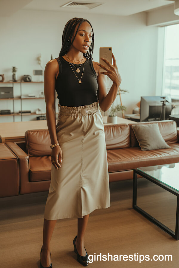 Paperbag Waist Skirt and Black Tank for Office Lounge Style