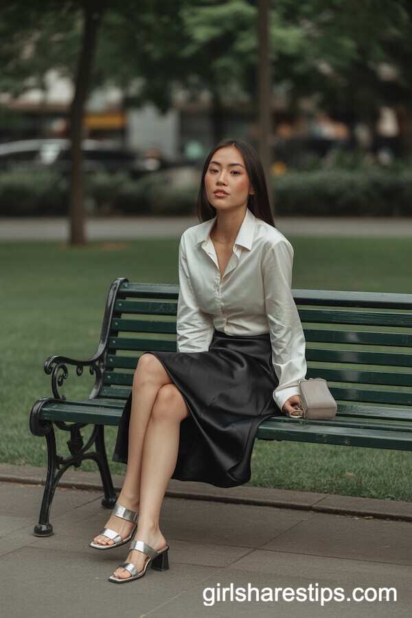 Black Satin Slip Skirt with White Shirt Urban Style