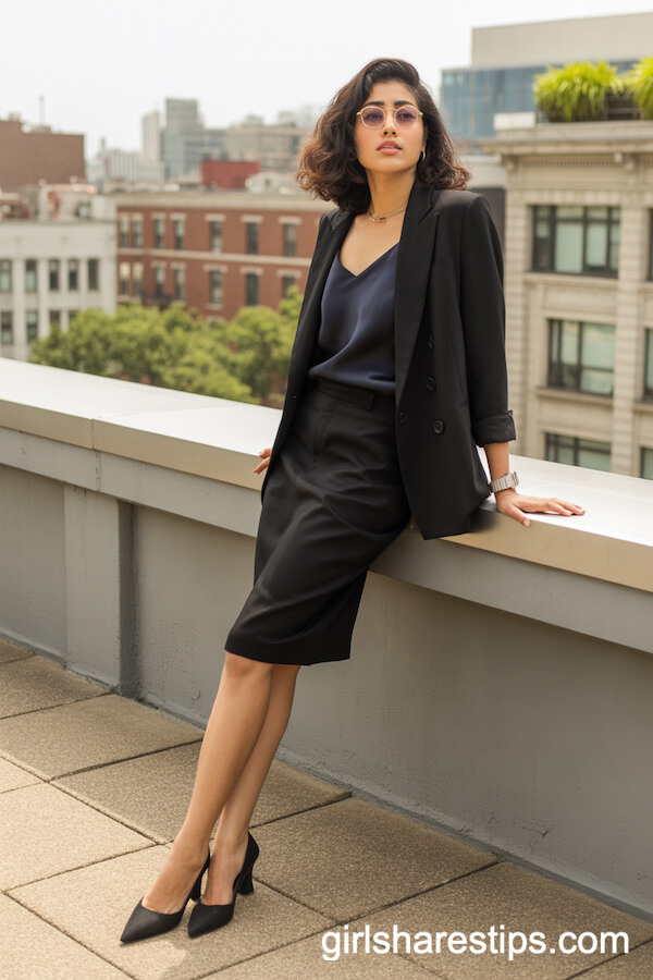 Classic Black Skirt Suit with Silk Camisole for Sleek Professionalism