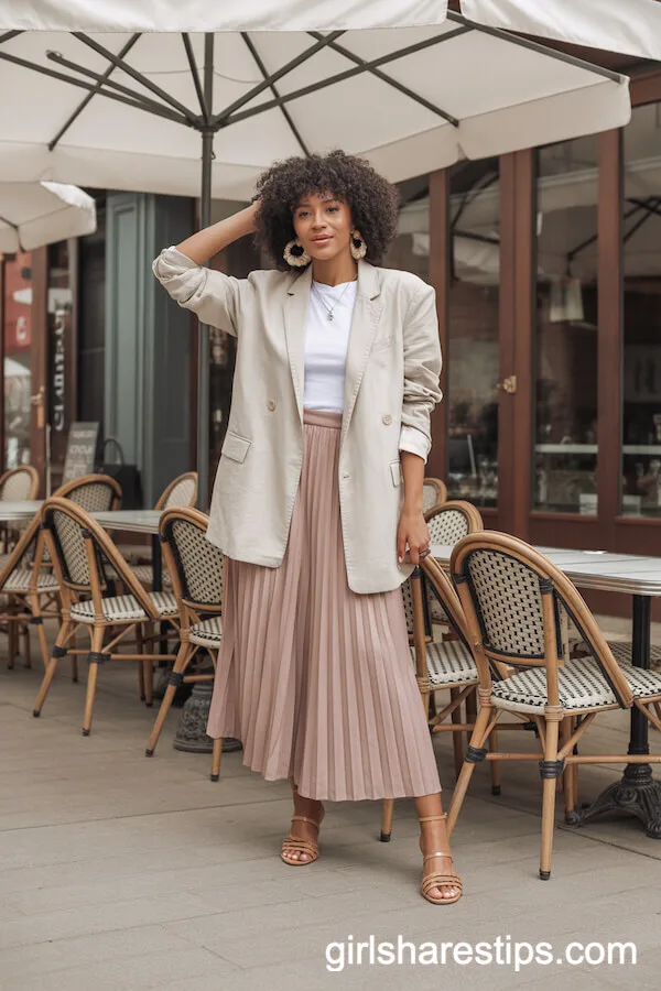 Beige Linen Blazer with Pink Pleated Skirt Chic