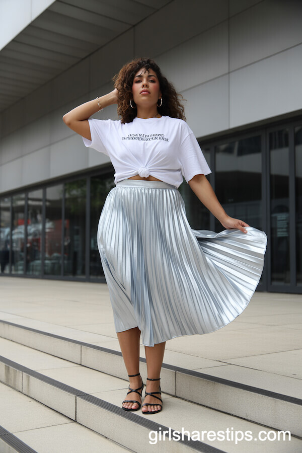 Metallic Pleated Skirt with Graphic Tee for Artful Boldness