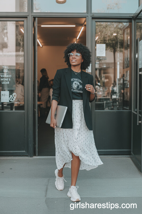 Polka Dot Wrap Skirt with Blazer and Sneakers Combo