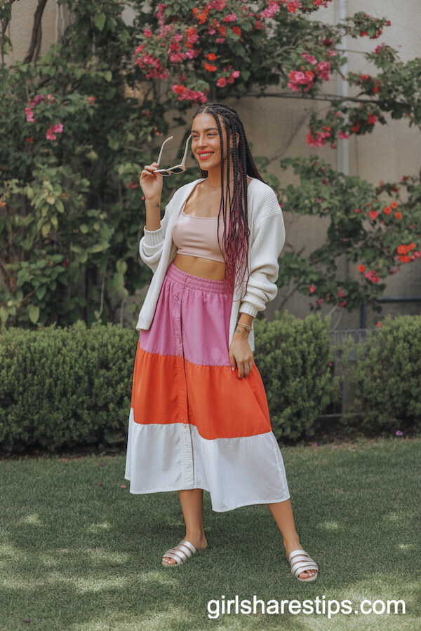 Colorblock Skirt with Cardigan for Playful Professionalism