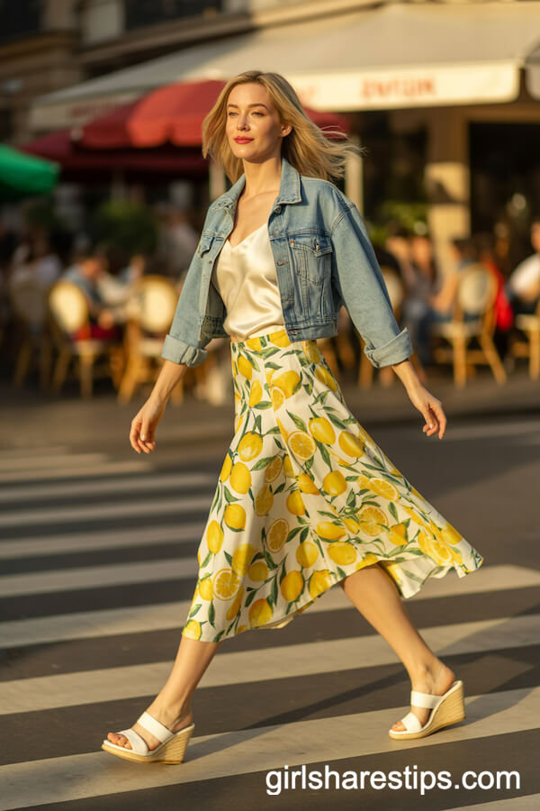 Lemon Print Skirt and Denim Jacket Summer Statement