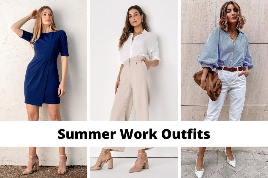 collage of summer work outfits for women