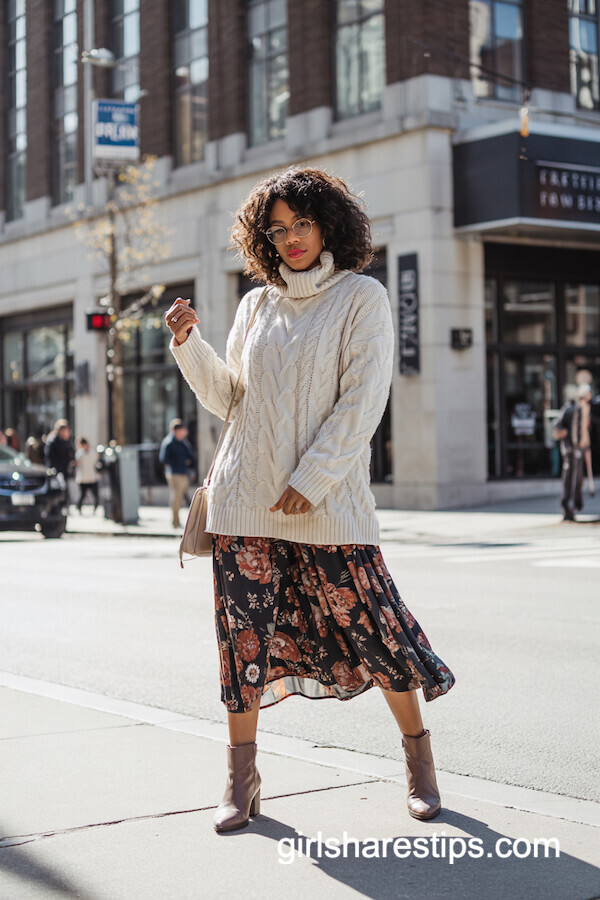 Cream Cable-Knit Sweater Over Floral Midi Dress