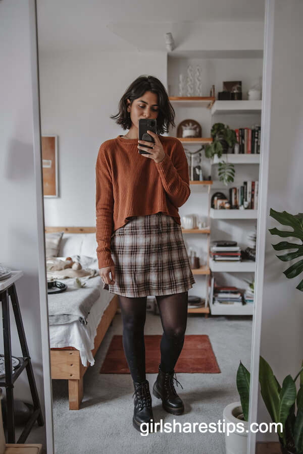 Rust Sweater Over Plaid Mini Dress