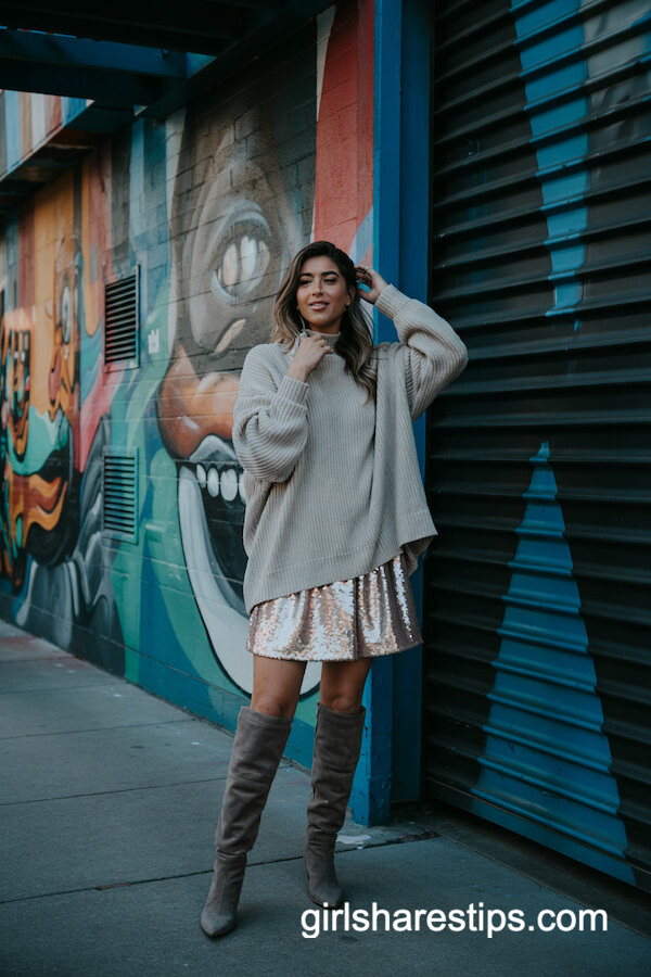 Oatmeal Sweater Over Silver Sequin Dress