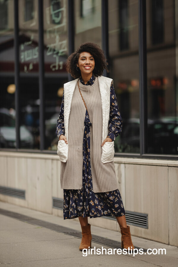 Knit Vest Over Floral Dress With Sweater-Tied Shoulders