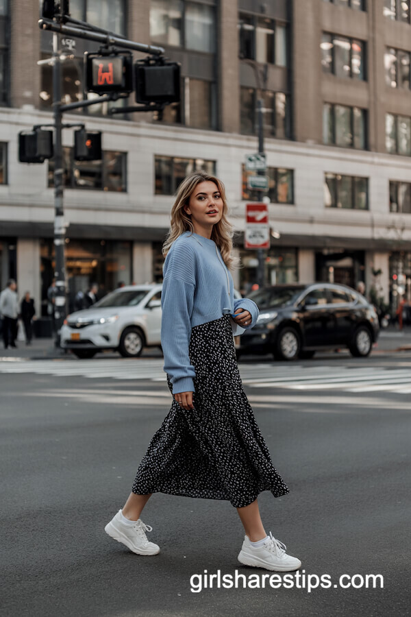 Cropped Blue Sweater Over Polka Dot Midi Dress