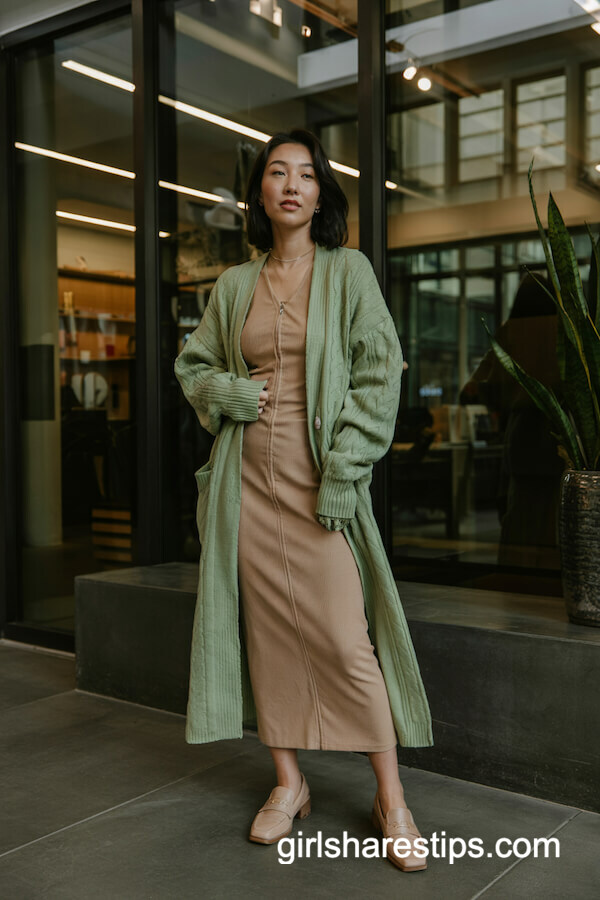 Chunky Sage Cardigan Over Tan Ribbed Dress