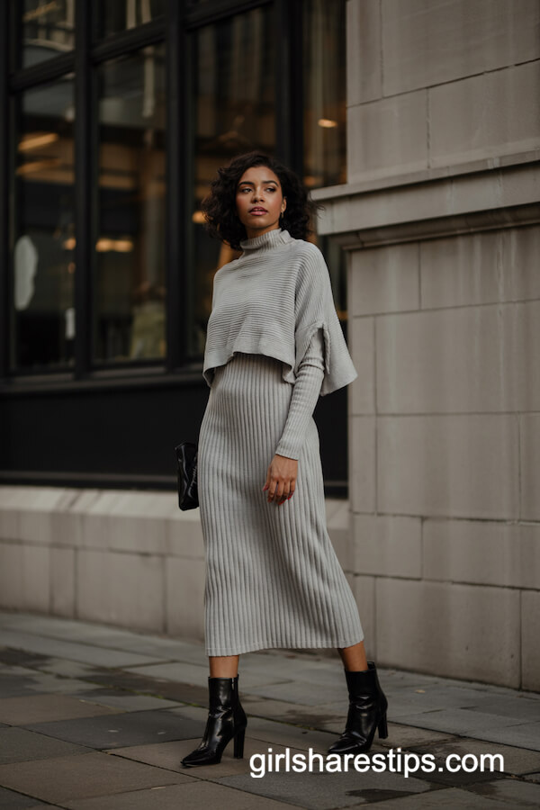 Monochrome Knit Sweater Over Grey Midi Dress