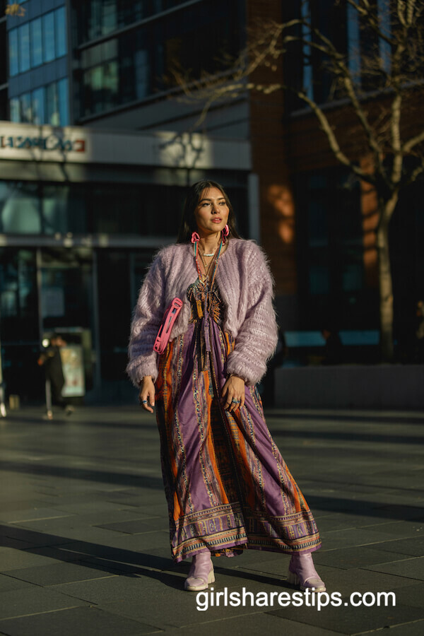 Mohair Sweater Over Bright Patterned Maxi Dress