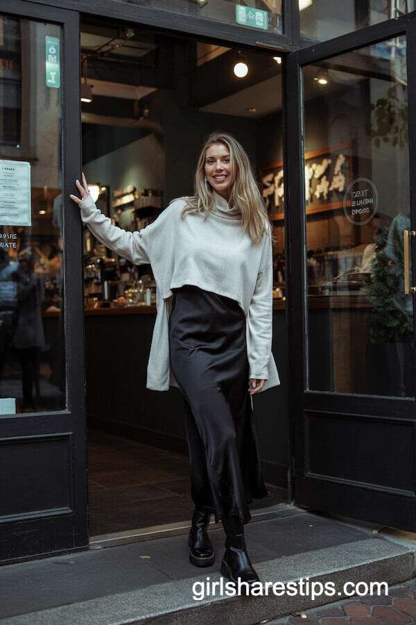 Cropped Turtleneck Over Black Slip Dress