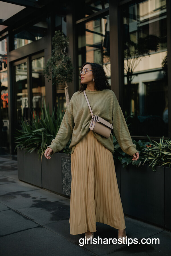 Olive Sweater Over Yellow Pleated Maxi Dress