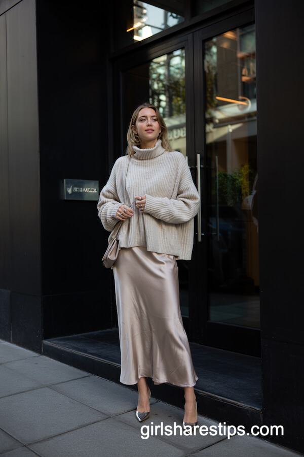 Chunky Turtleneck Sweater Over Champagne Slip Dress