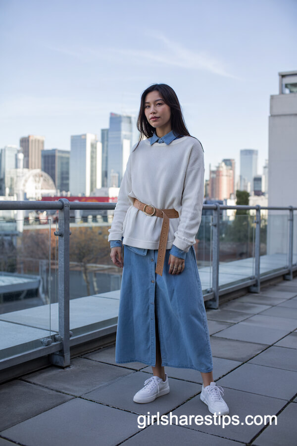 White Pullover Over Denim Shirt Dress