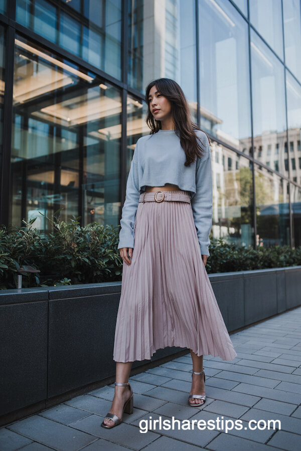 Cropped Light Blue Sweater Over Blush Pleated Midi Dress