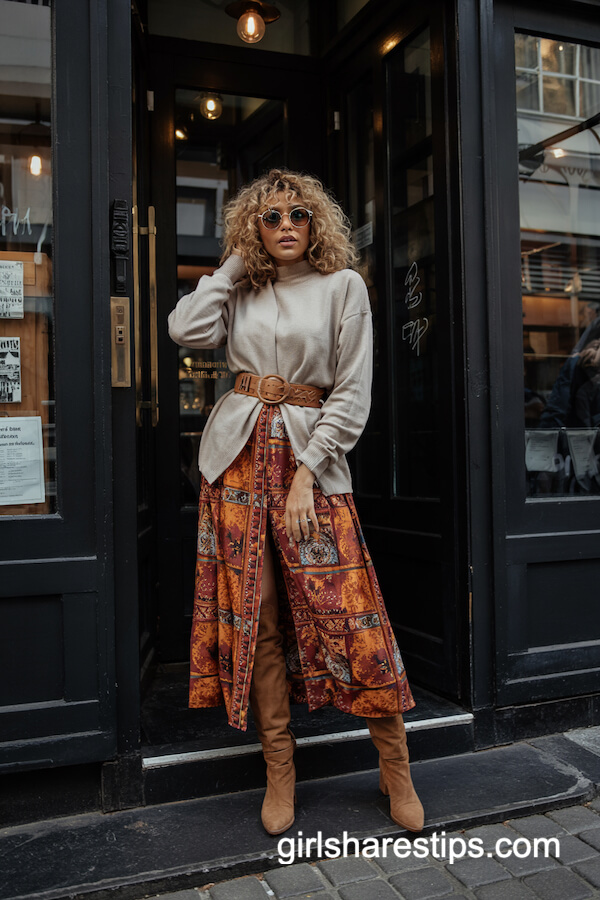 Fitted Gray Sweater and Belt Over Patterned Midi Dress