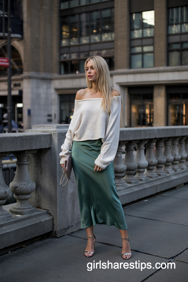 Off-Shoulder Sweater Over Emerald Satin Dress