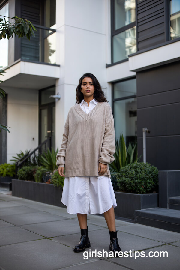 Oversized V-Neck Sweater Over White Shirt Dress