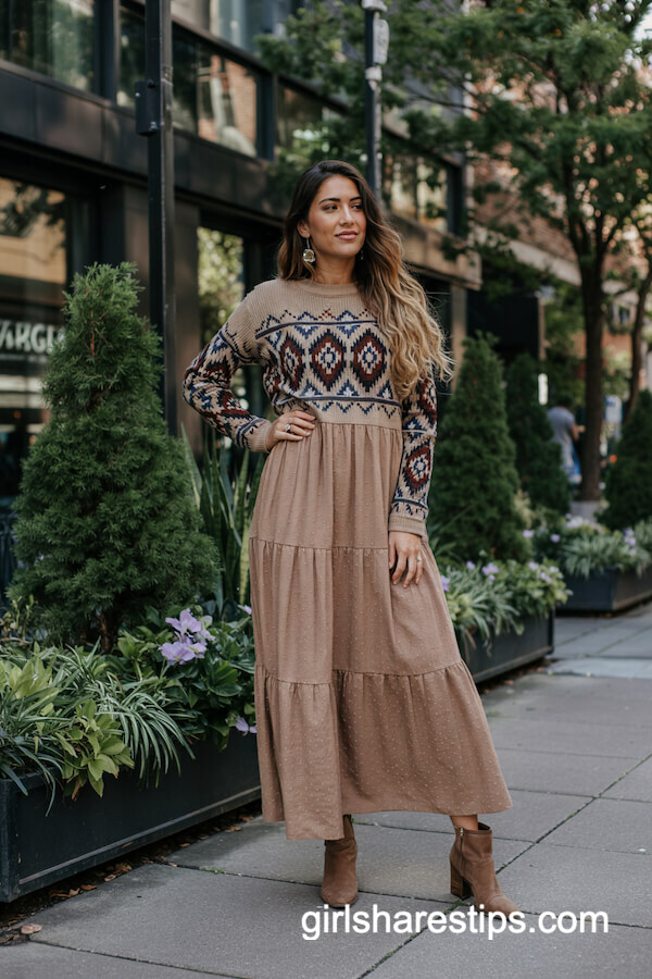 Patterned Knit Sweater Over Tiered Maxi Dress