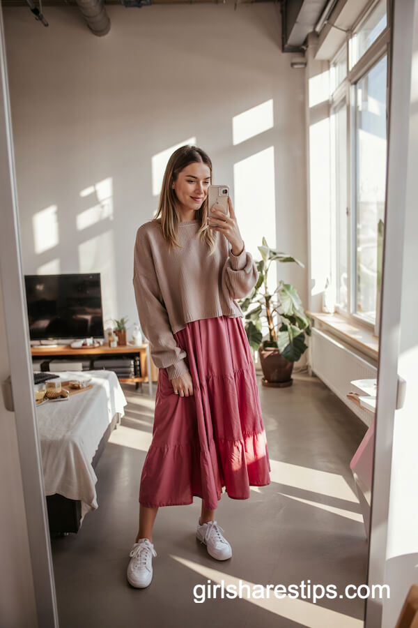 Taupe Sweater Over Pink Midi Dress